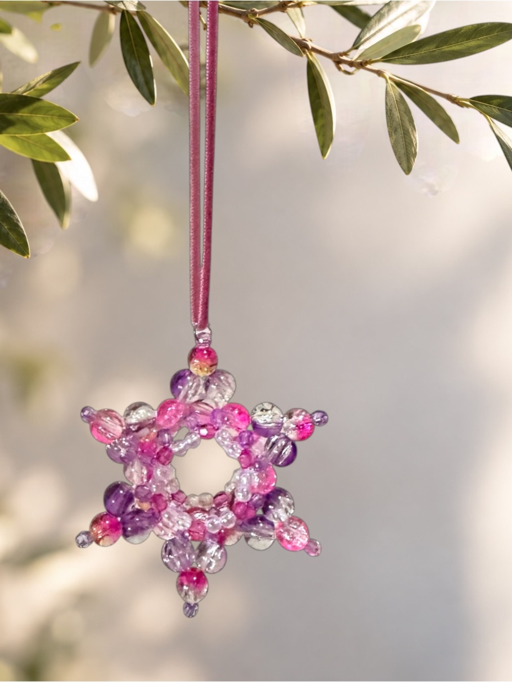 Wild Violet Handmade Bead Star Ornament “Violet Hour” on Velvet Ribbon
